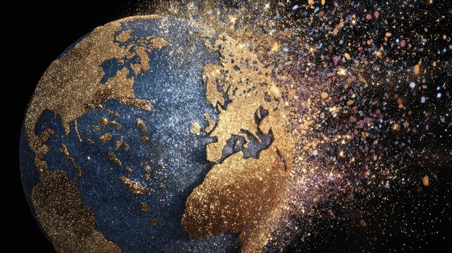 Globe fragmenting into glittering particles against a dark background