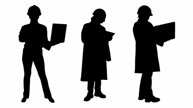 Silhouettes of three construction workers with hard hats holding blueprints and laptops