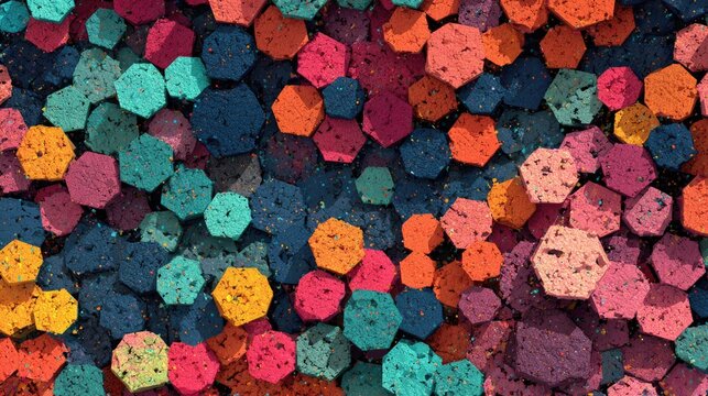 Colorful hexagonal shapes with granular texture densely packed together