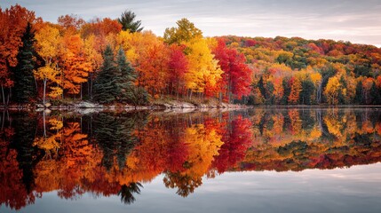 Obraz premium Vibrant autumn foliage reflected perfectly in a calm, still lake at sunset