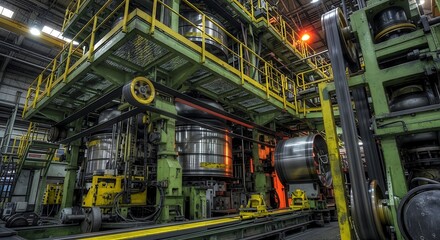 Fototapeta premium Heavy machinery operating in industrial factory with dramatic lighting