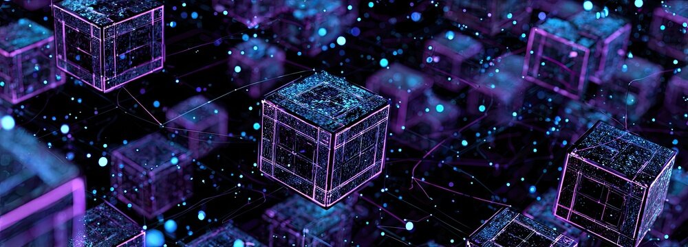 Network of glowing cubes interconnected with light particles