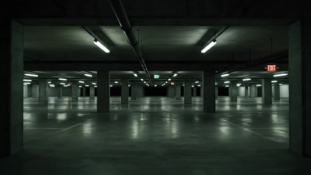 An empty underground parking garage with concrete columns. Dim fluorescent lights flicker in a dark, eerie atmosphere. Ideal for suspenseful, industrial, or urban cinematic backgrounds.