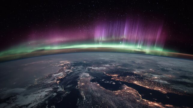 Ethereal aurora dances above the curve of a darkened Earth from orbit