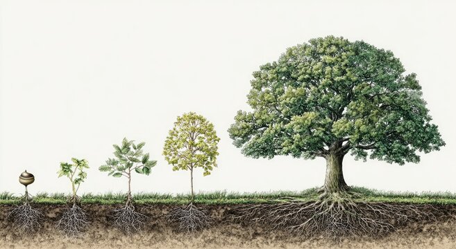 Growth stages of a tree from seed to mature oak with extensive root system
