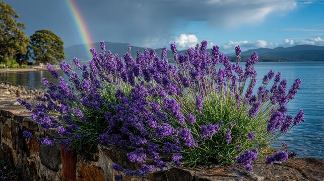 Vibrant lavender bush blooms by a stone wall, with a rainbow in the sky over a calm bay