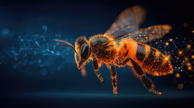 Sci-fi bee buzzing through digital network, energy particles flowing
