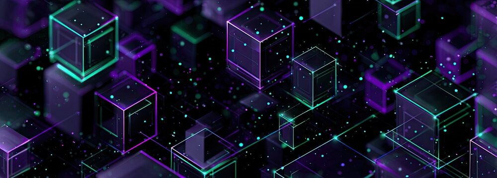 Abstract digital cubes in neon purple and green on a dark background
