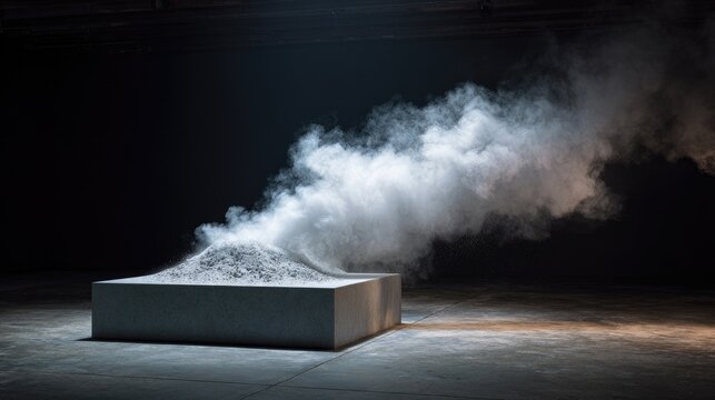 A rectangular container holds fine white powder, with a plume of dust erupting upwards