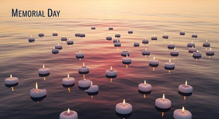 Obraz premium Floating memorial candles on a calm lake water surface at sunset commemorating peace and remembrance during the summer season