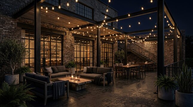 Illuminated industrial patio with seating and dining areas at night
