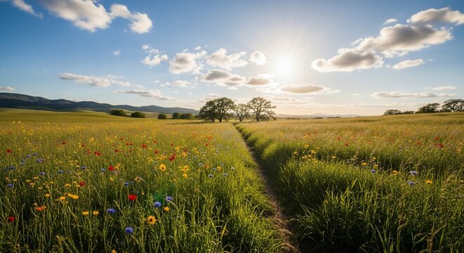 Golden Hour Path Through Wildflower Meadow Under Sun-Kissed Sky