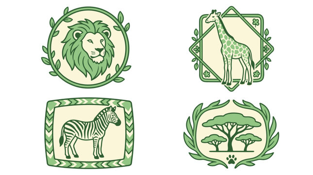 Set of green safari animal illustrations in decorative frames