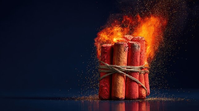 Stack of ignited dynamite sticks ablaze with sparks and dark background