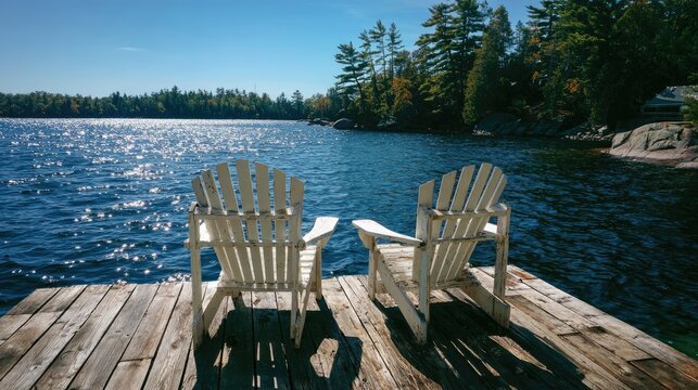 Two Adirondack chairs await sunset on a wooden dock by a tranquil lake