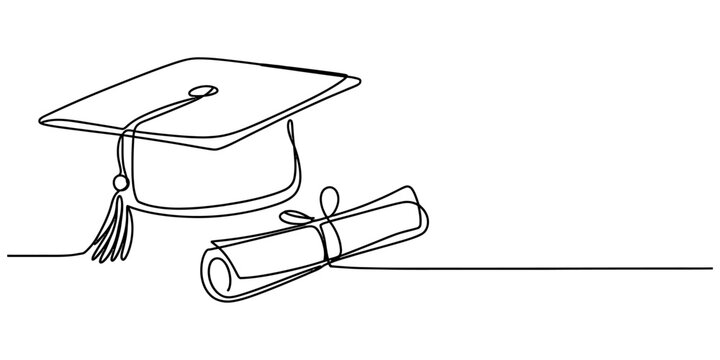 Graduation cap and diploma scroll in a single continuous line drawing Vector, illustration