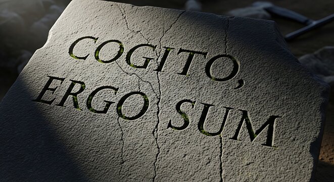 Stone tablet with engraved latin phrase cogito ergo sum concept