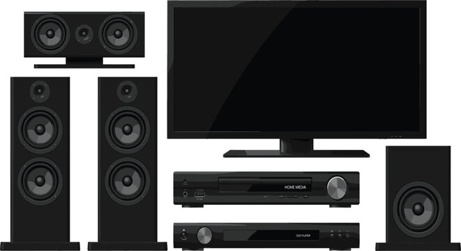 Home theater sound audio system mockup with flat tv screen loudspeakers receiver vector realistic illustration