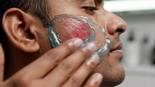 A man applies blue cooling gel to a red, inflamed area on his cheek. This depicts a skincare routine for treating irritation or allergic reactions. Ideal for dermatological or medical content.