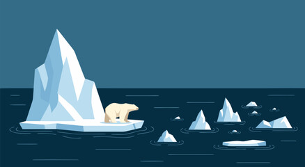 Polar bear on melting iceberg in dark blue ocean, concept of global warming and climate change. © Purnomo Semlirick