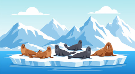 Cartoon illustration of seals and walrus on an ice floe in the Arctic ocean with mountains. © Purnomo Semlirick