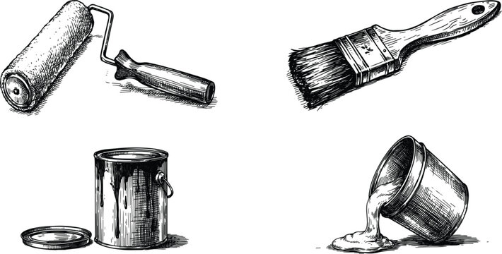 House painting tools hand drawn sketch vector set, vintage renovation brush roller and cans collection