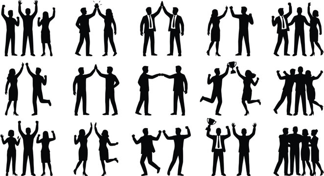 Silhouette people celebrating with high fives and hugs