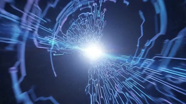 A glowing digital tunnel formed by abstract electronic circuit board patterns