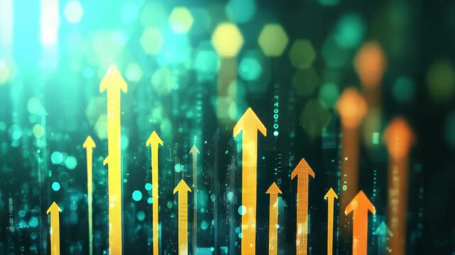 A digital visualization of data trends with ascending arrows in yellow and orange hues