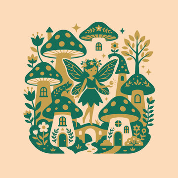A magical fairy stands among whimsical mushroom houses