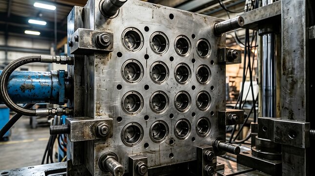 Industrial metal die set machinery in manufacturing workshop under artificial lighting