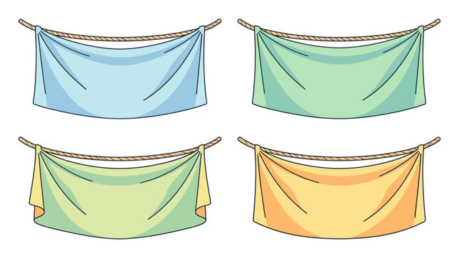 Four colorful fabric banners hanging on a rustic rope line