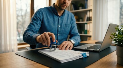 Fototapeta premium Man in blue shirt stamping papers on office desk with laptop