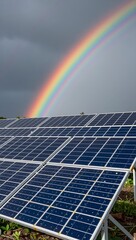 Fototapeta premium Solar panels under vibrant rainbow after storm in renewable energy field
