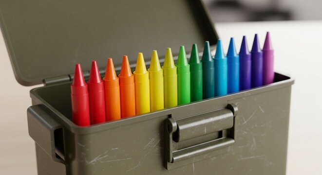 Colorful Crayons Organized in Military Style Metal Case with Hinged Lid