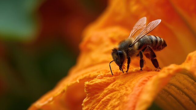 A bee on a pumpkin flower, late summer harvest, vibrant orange and yellow, macro shot, vegetable garden background