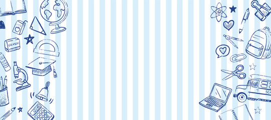 Blue hand drawn school doodles side border frame on blue striped background with copy space for text featuring educational supplies and stationery. © Moncia