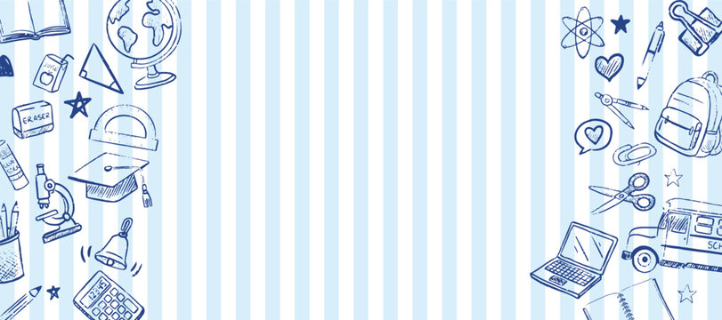 Blue hand drawn school doodles side border frame on blue striped background with copy space for text featuring educational supplies and stationery.