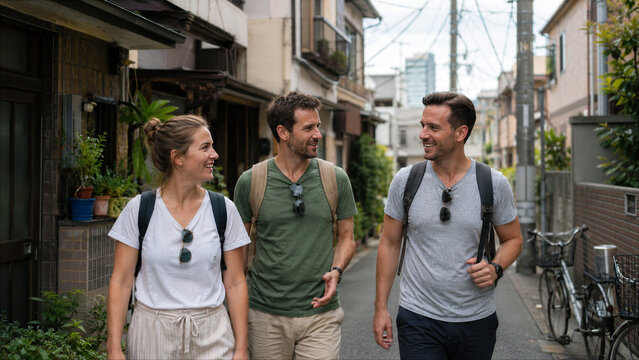 Western Friends Walking Through a Japanese Residential Alley in Summer