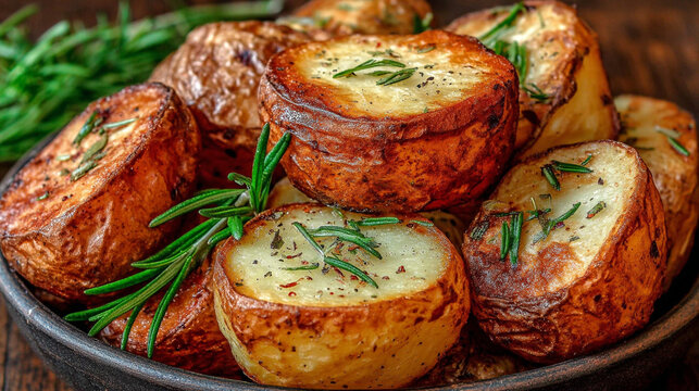 Bowl of roasted potato chunks seasoned with fresh herbs and rosemary on wooden table, potatoes