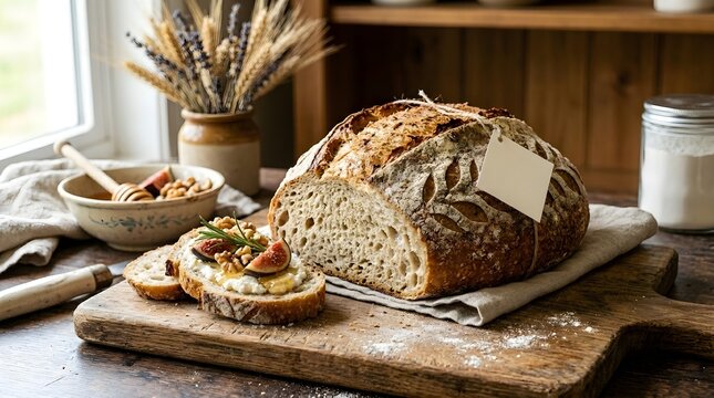 Rustic Artisan Sourdough Bread Loaf with Honey, Figs and Walnuts in Farmhouse Kitchen