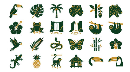 Fototapeta premium Vibrant jungle and exotic animal icon set in bold artistic style perfect for diverse nature-themed projects
