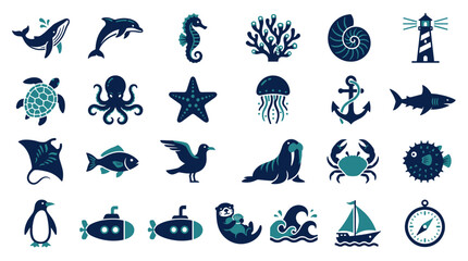 Fototapeta premium Collection of Marine Organisms Underwater Creatures and Nautical Symbols Icons Vector Art
