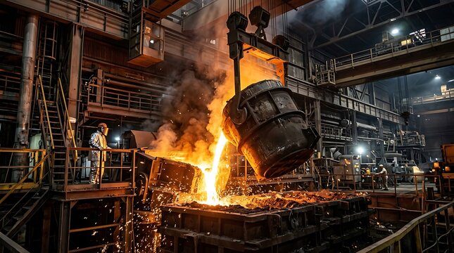 Molten metal pouring in industrial foundry under dramatic lighting
