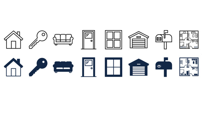 Minimalist Home and Real Estate Icon Set with Outline and Solid Fill Designs
