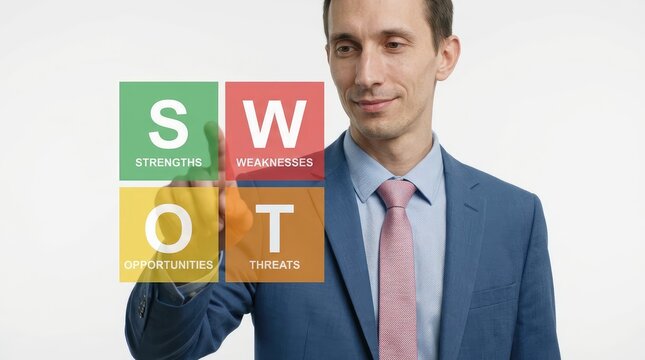 Businessman analyzing swot strategy concept with strengths weaknesses opportunities threats
