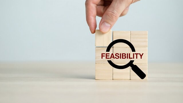 A hand places a block on a stack forming a feasibility concept with a magnifying glass