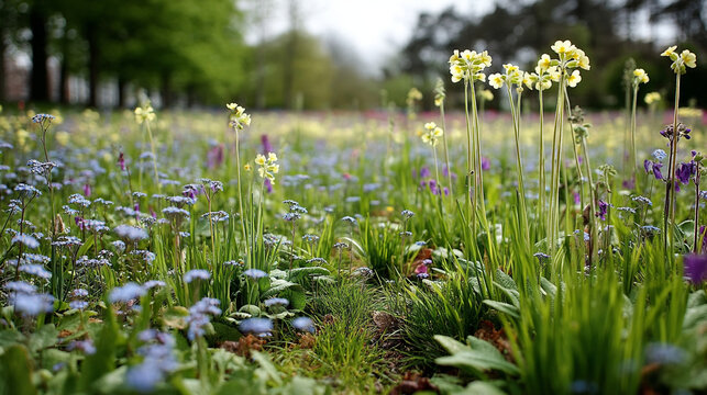 Field of wildflowers with yellow primroses and blue flowers in grassy meadow landscape