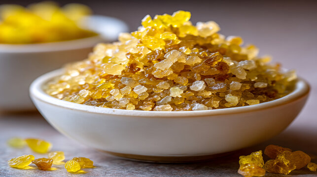 A small white bowl filled with coarse yellow and brown rock sugar crystals, still life