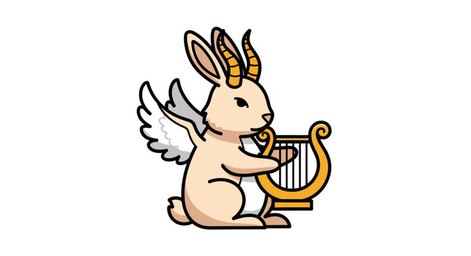 Angelic winged jackalope playing a golden harp.